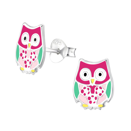 Sterling Silver Multicolor Owl Stud Earrings for Kids