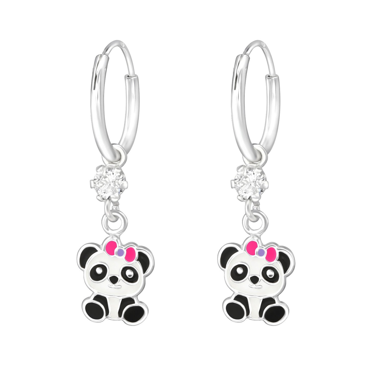 Children’s 925 Sterling Silver Earrings with Panda, Pink Bow, and Crystals