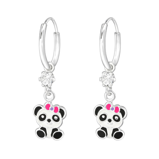 Children’s 925 Sterling Silver Earrings with Panda, Pink Bow, and Crystals
