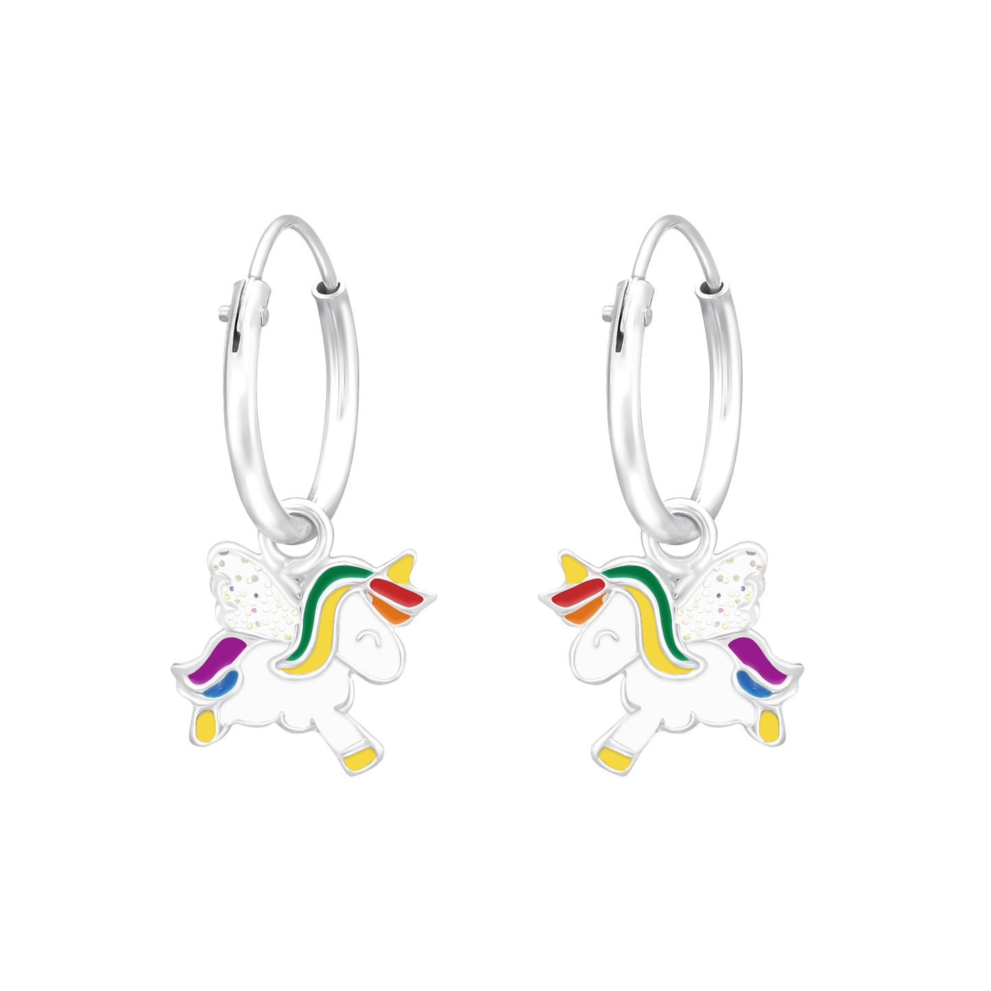 Pendientes de gancho redondo con unicornio y alas brillantes