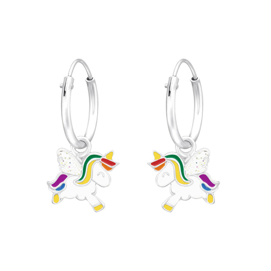 Pendientes de gancho redondo con unicornio y alas brillantes