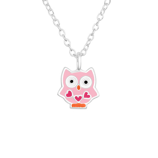 Collar con búho rosa y 3 corazones