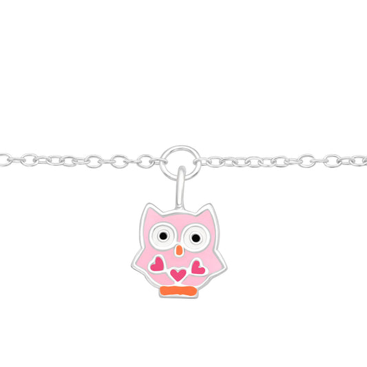 Pulsera con búho rosa y 3 corazones