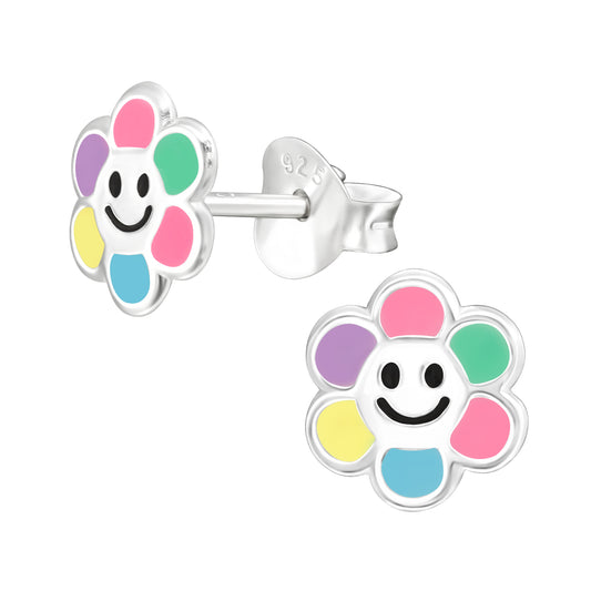 Pendientes de botón con flor sonriente y pétalos multicolor