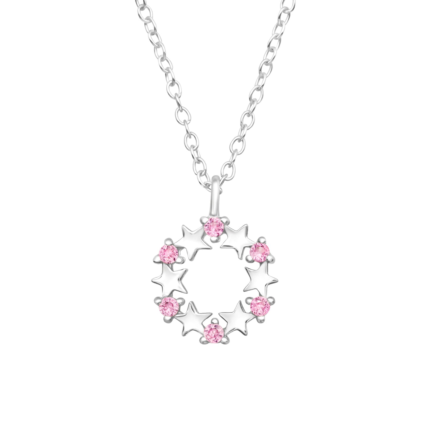 Collar con colgante redondo con estrellas y circonitas rosas