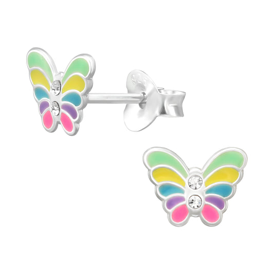 Pendientes de botón en forma de mariposa con alas multicolor y cristales blancos.