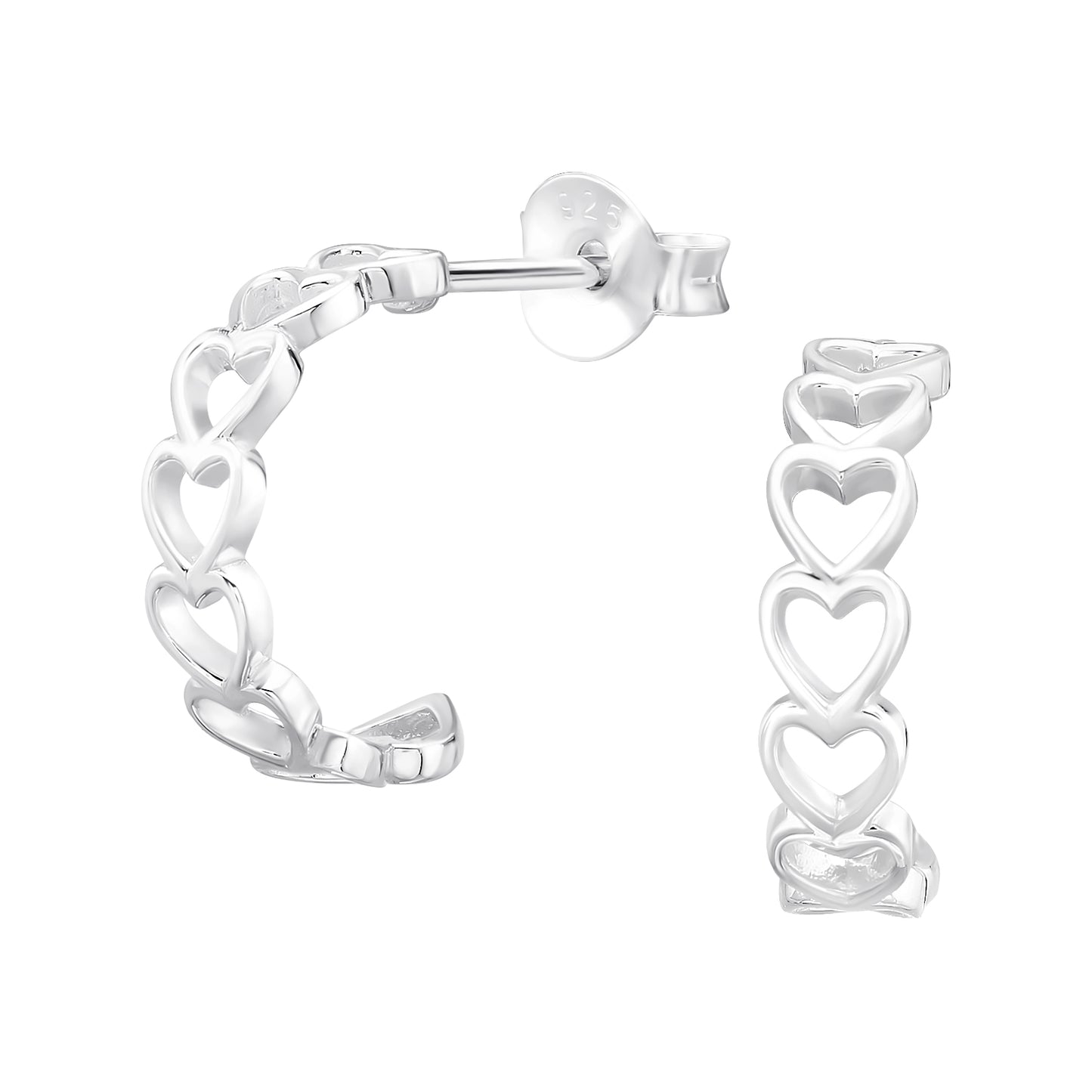 Stud earrings with hearts lined up in a semicircle shape