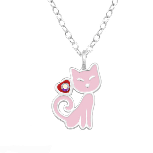 Sterling Silver Pink Cat Pendant Necklace for Kids