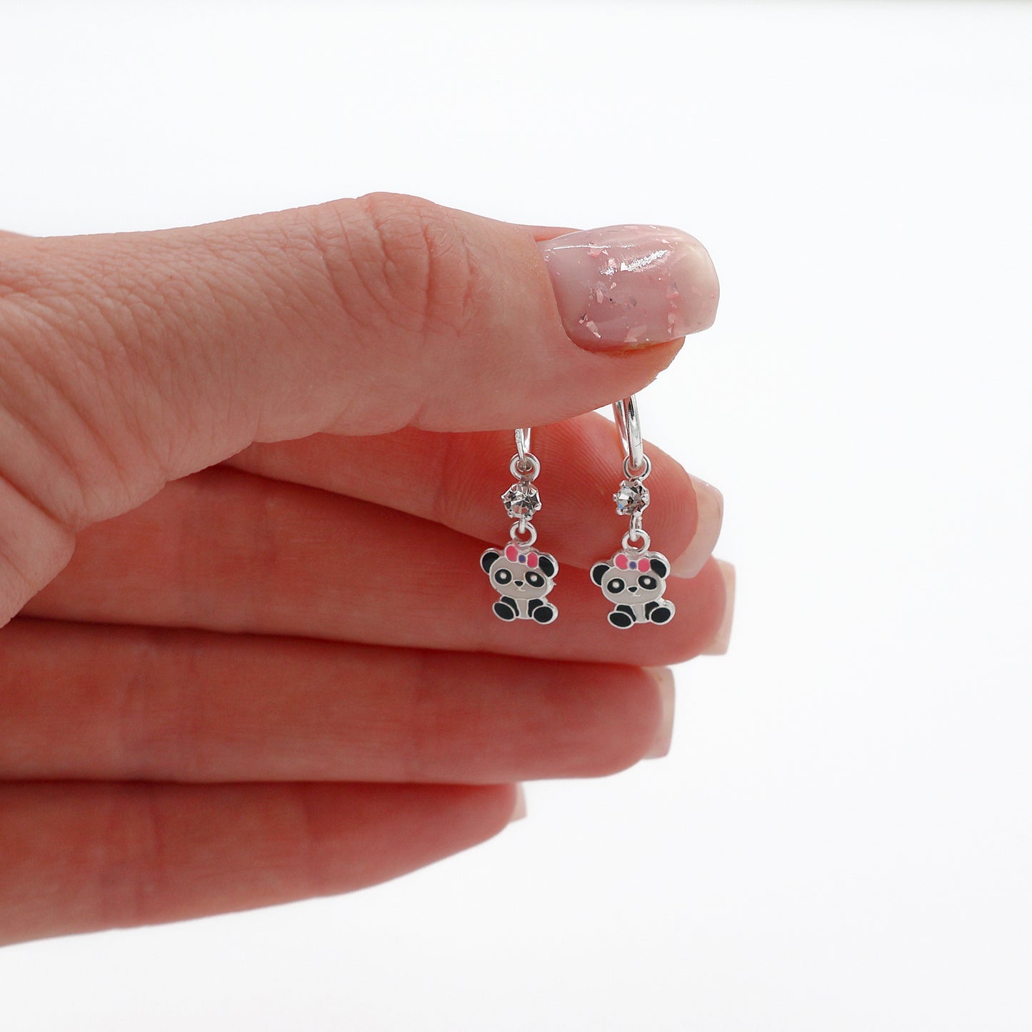 Children’s 925 Sterling Silver Earrings with Panda, Pink Bow, and Crystals
