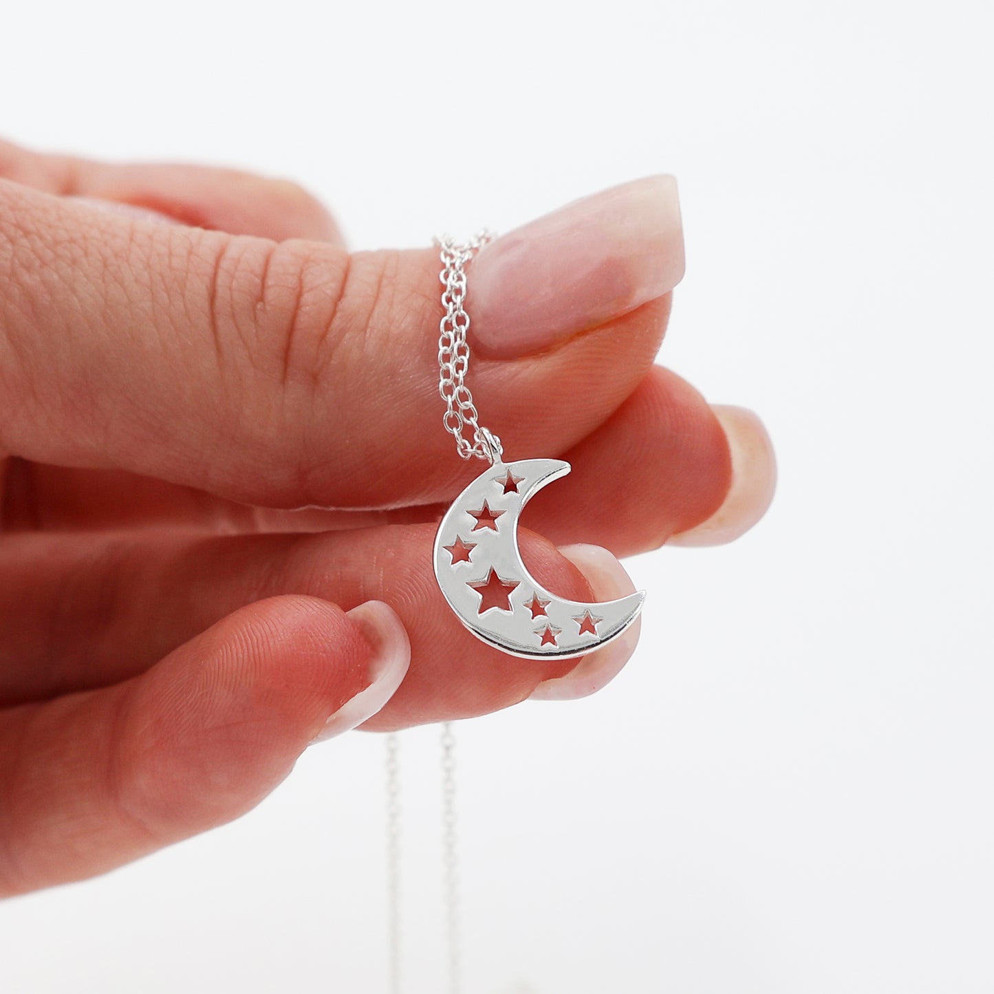 925 Sterling Silver Necklace with Crescent Moon and Star Cut-Out Pendant