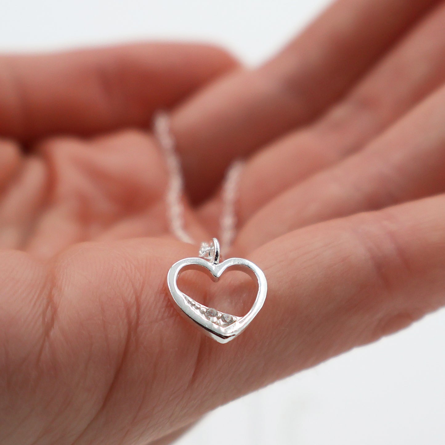 925 Sterling Silver Necklace with Hollow Heart Pendant and Sparkling Zirconia