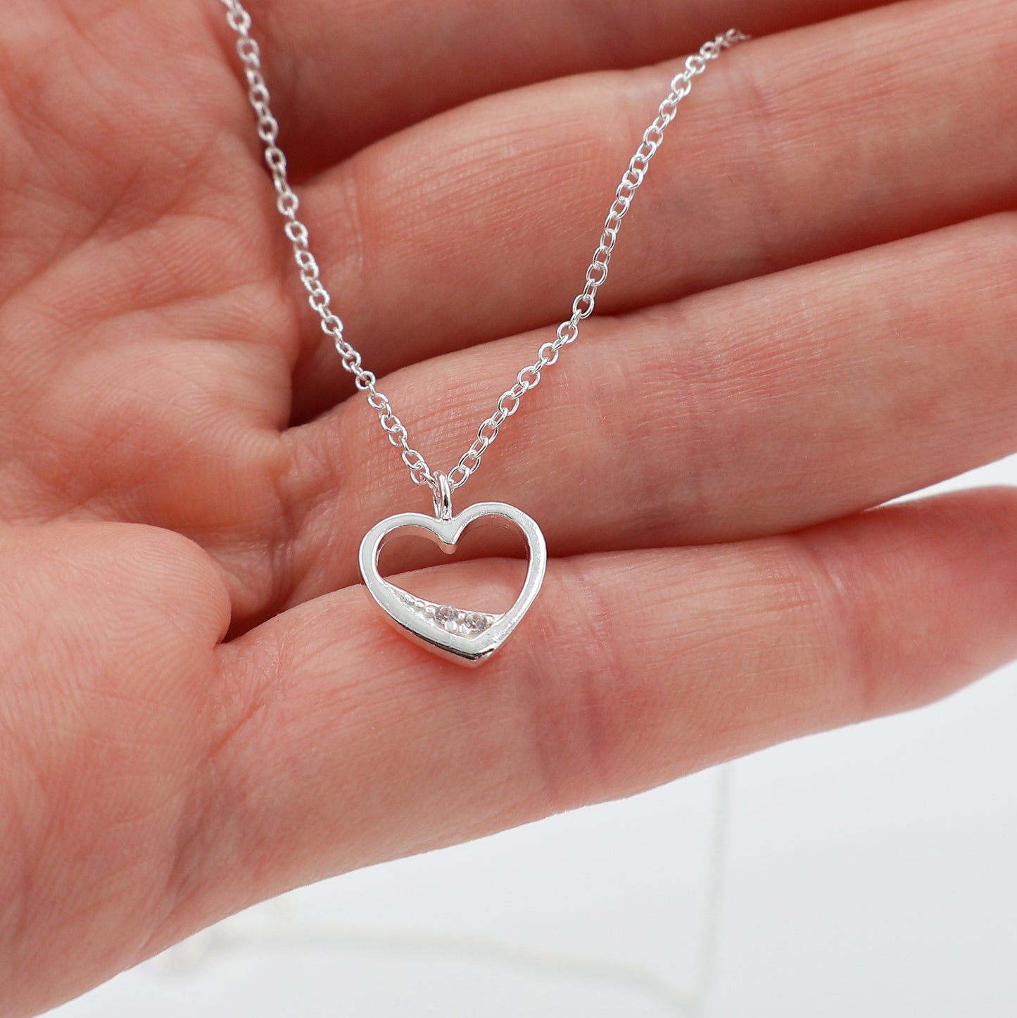 925 Sterling Silver Necklace with Hollow Heart Pendant and Sparkling Zirconia