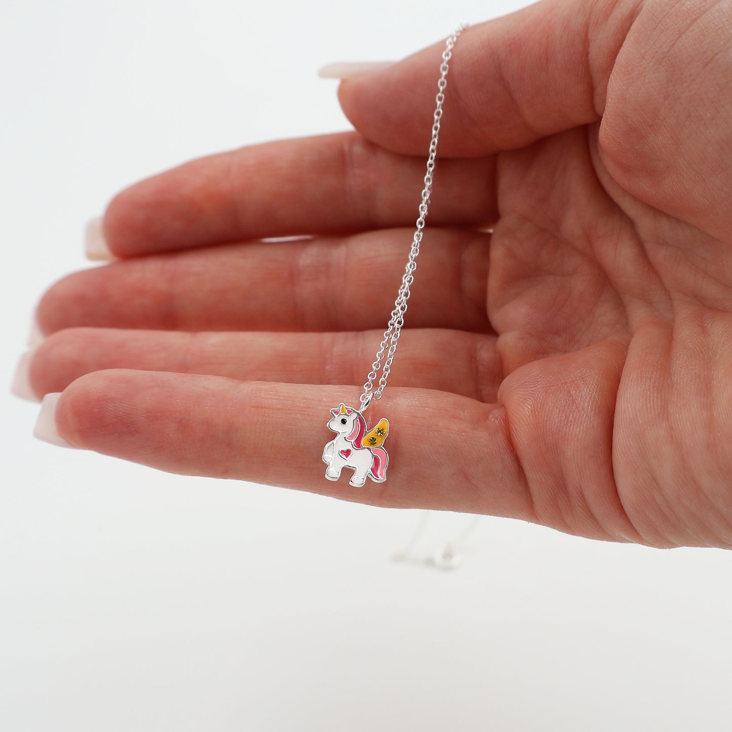 Sterling Silver Unicorn Necklace with Yellow Sparkling crystals - for Kids