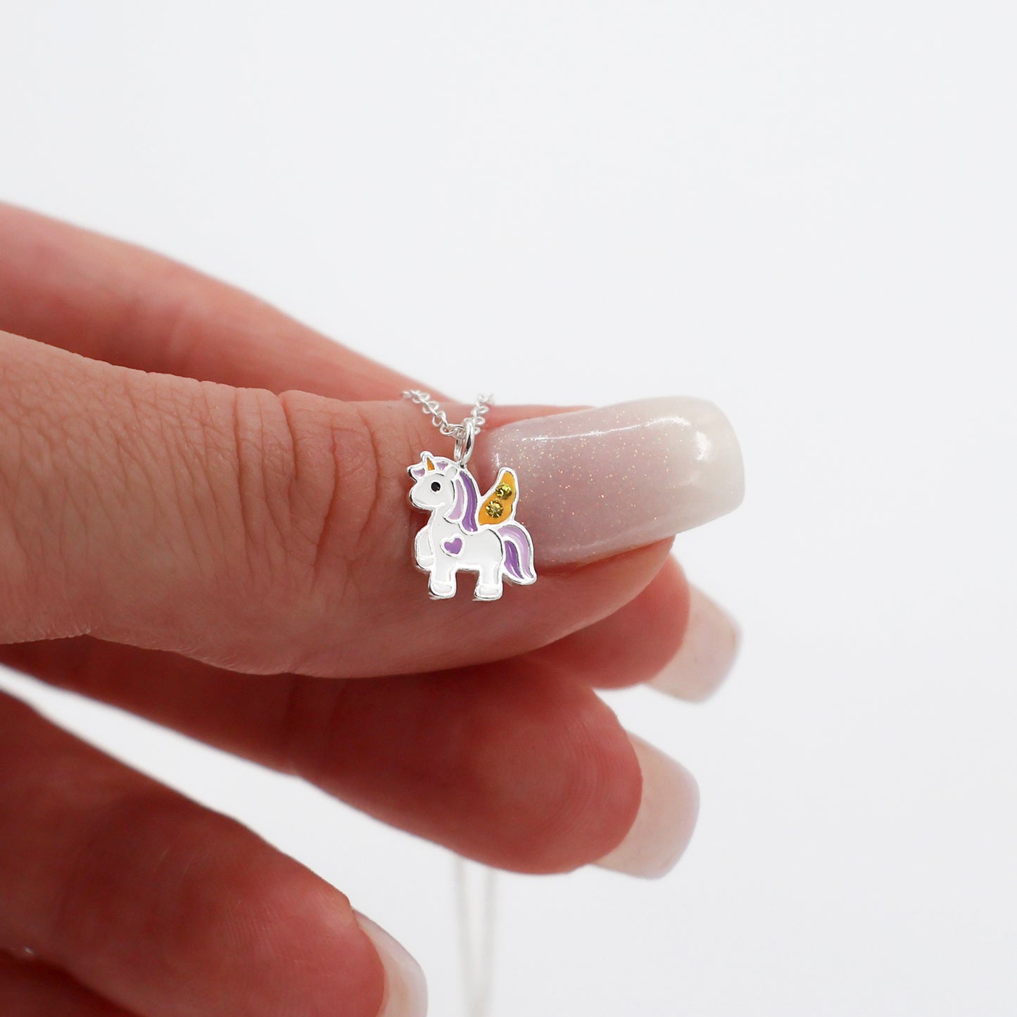 Sterling Silver Purple Unicorn Necklace with Yellow Sparkling crystals - for Kids