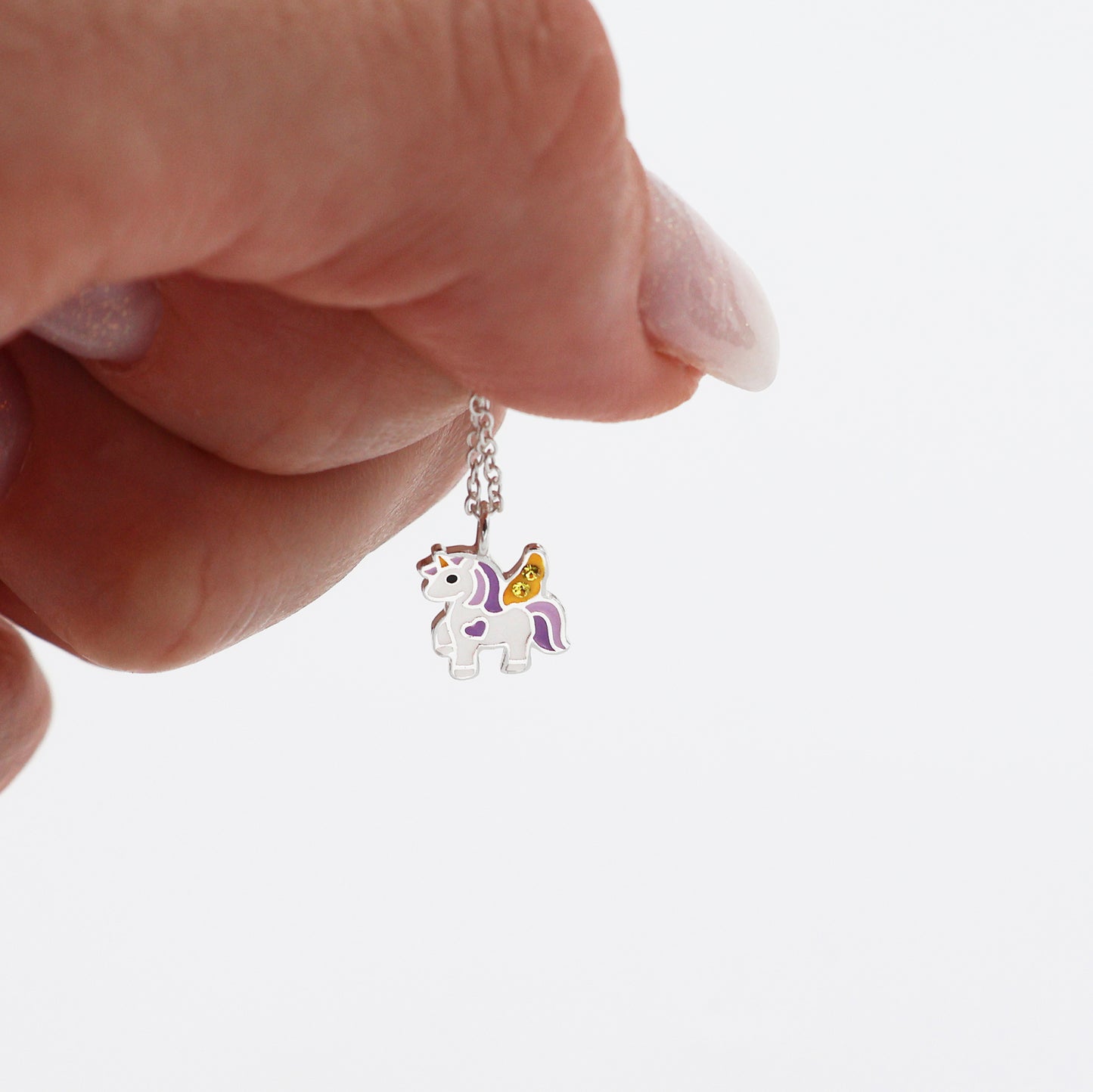 Sterling Silver Purple Unicorn Necklace with Yellow Sparkling crystals - for Kids
