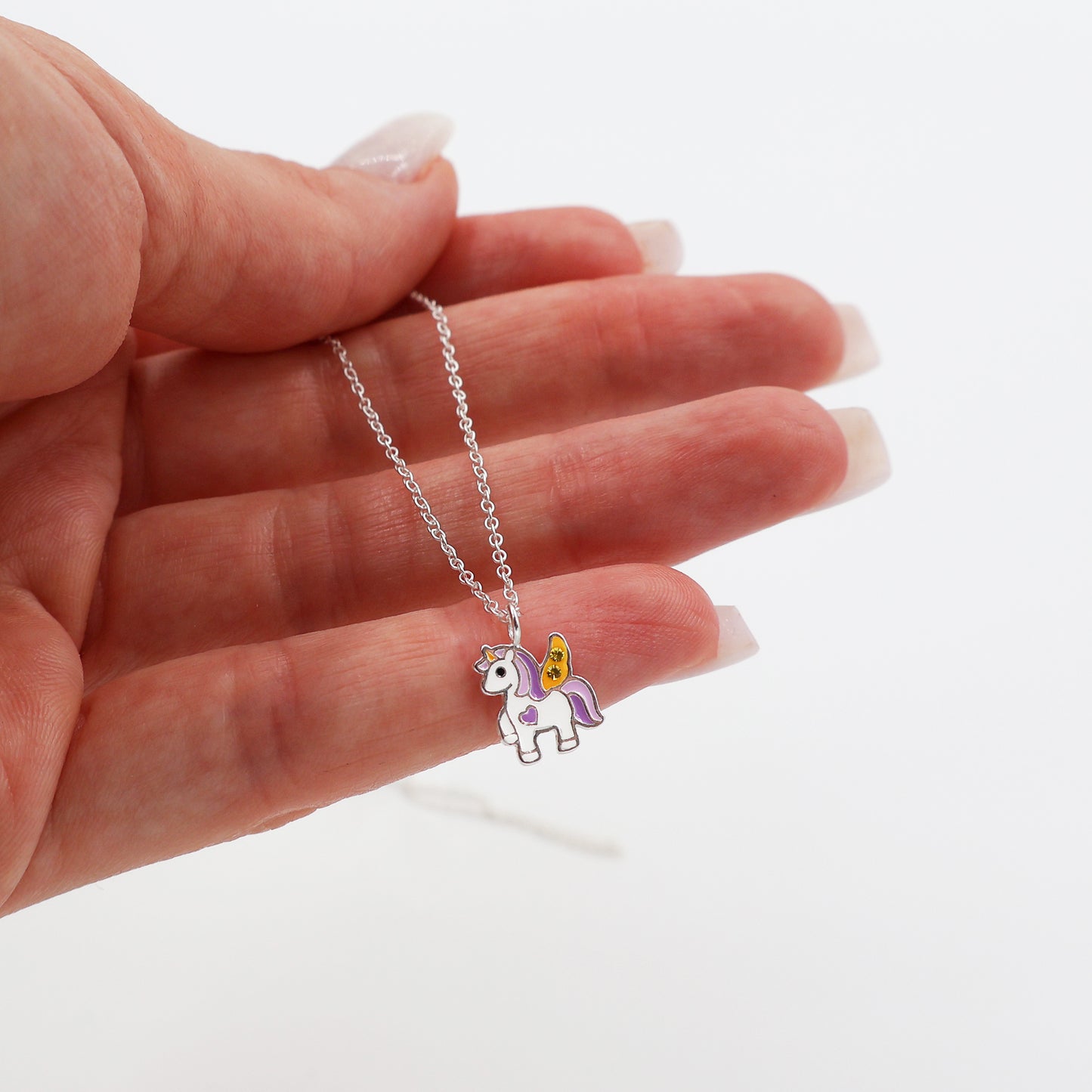 Sterling Silver Purple Unicorn Necklace with Yellow Sparkling crystals - for Kids
