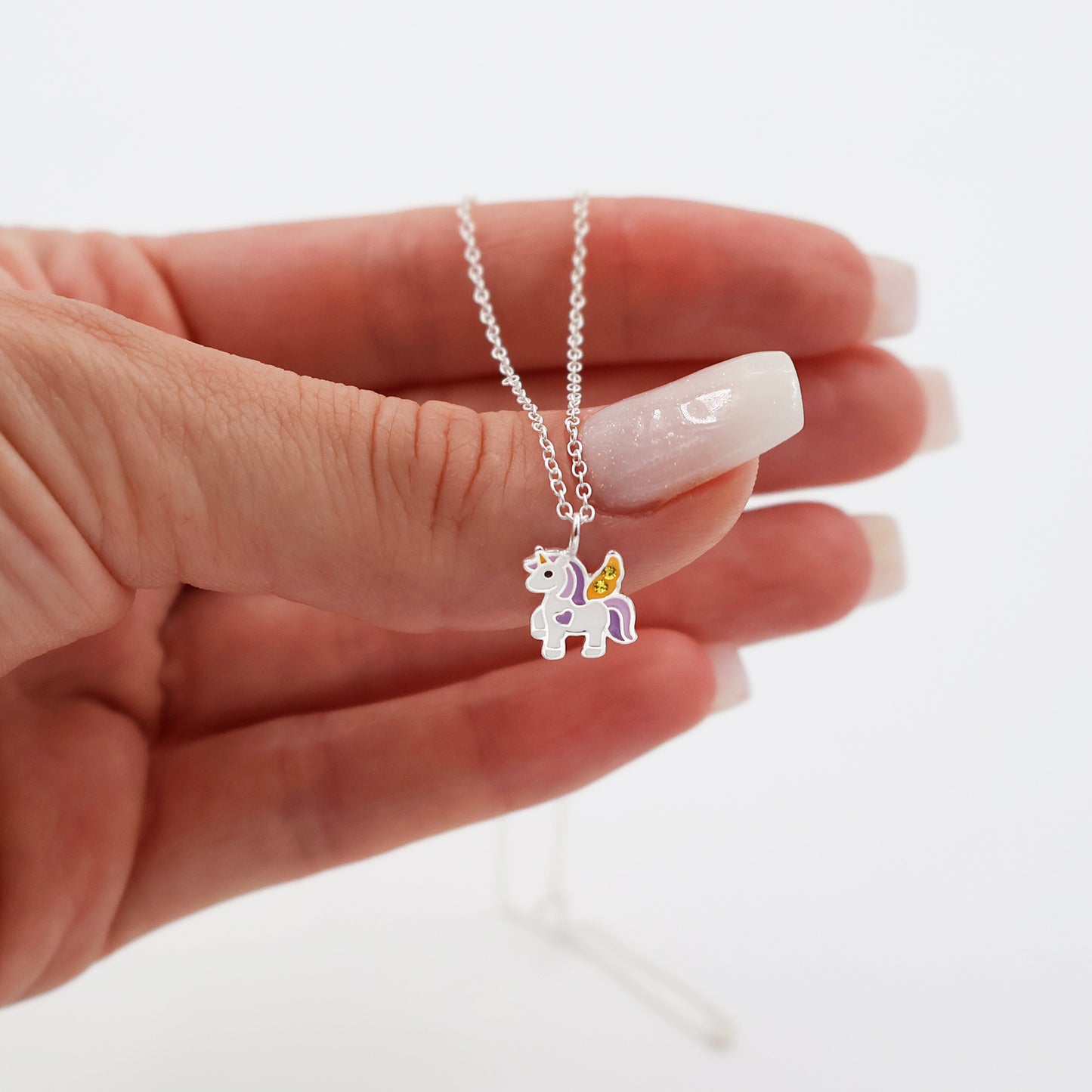 Sterling Silver Purple Unicorn Necklace with Yellow Sparkling crystals - for Kids