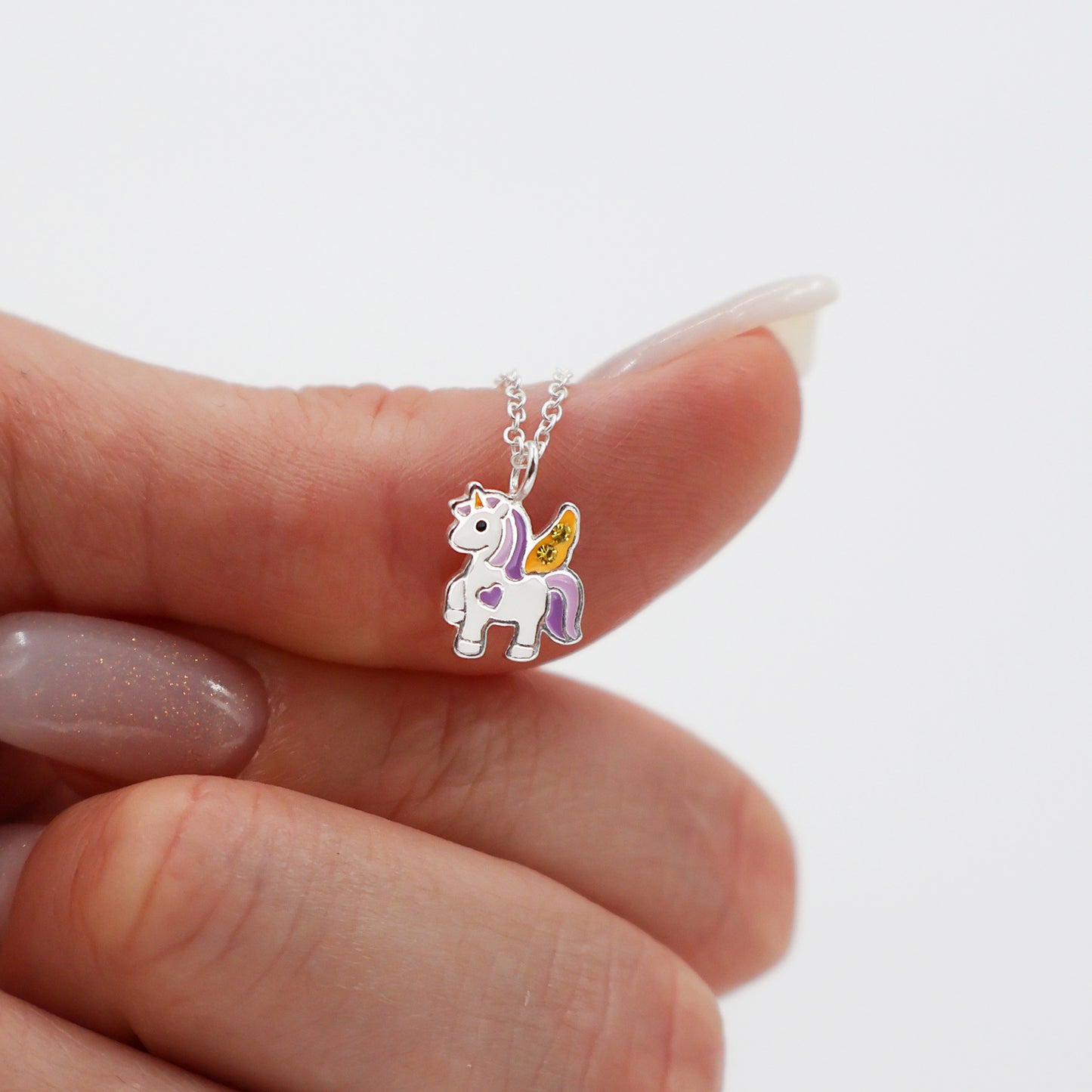Sterling Silver Purple Unicorn Necklace with Yellow Sparkling crystals - for Kids
