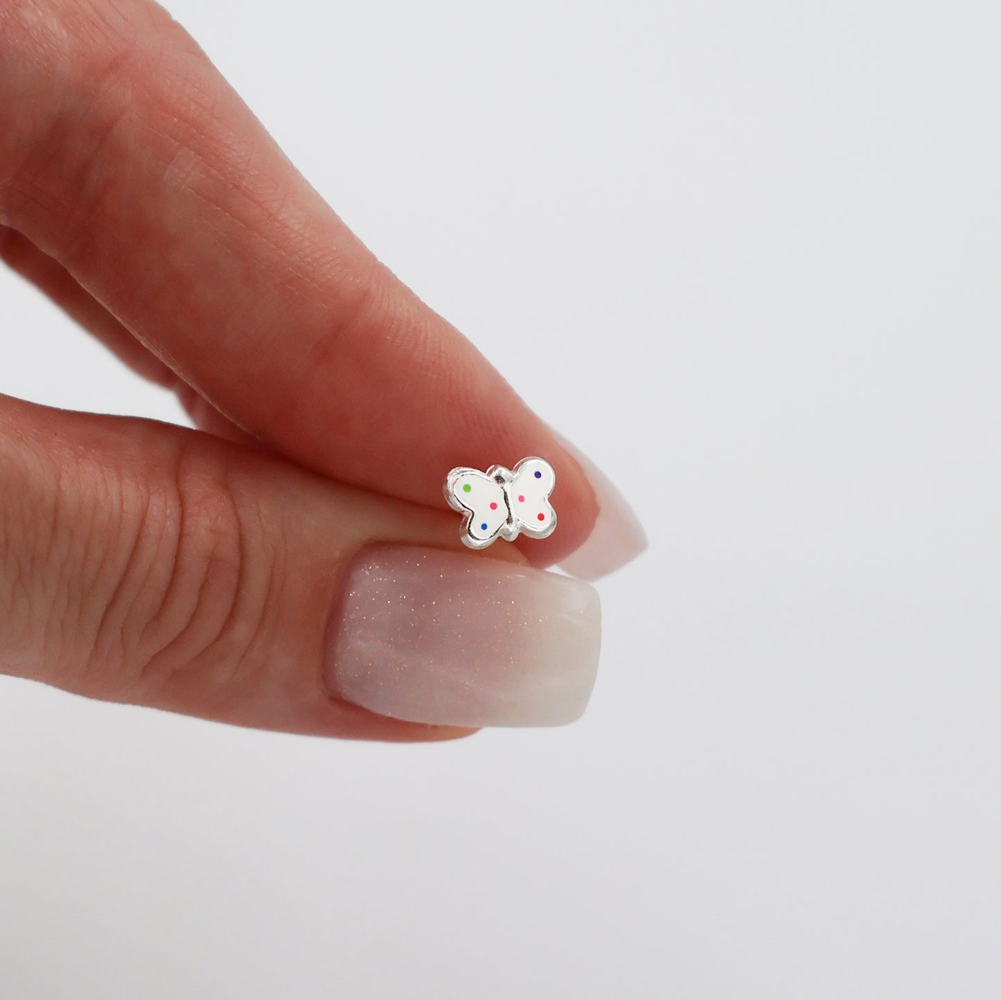 Stud Earrings with White Butterfly and Multicolored Dots
