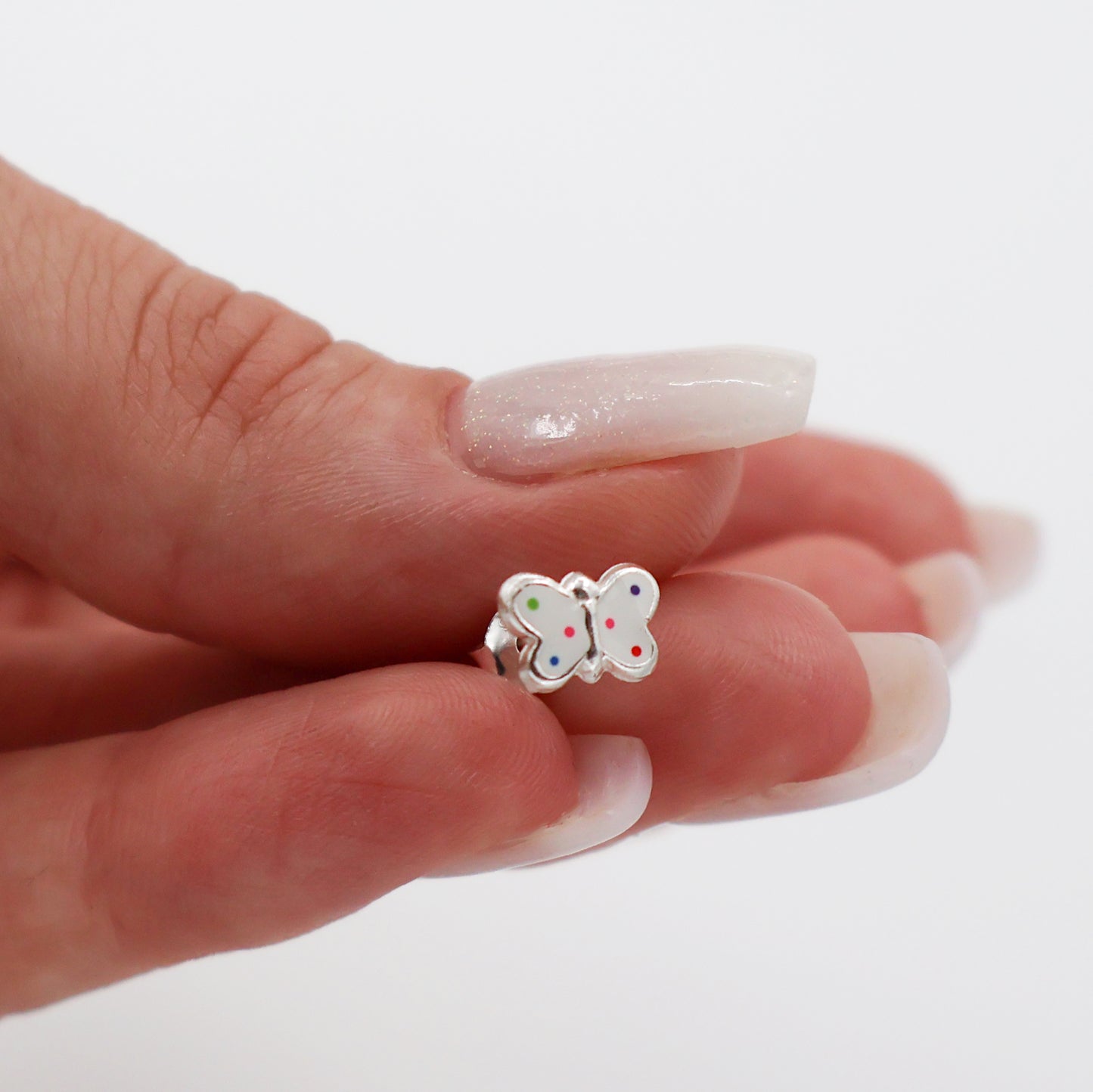 Stud Earrings with White Butterfly and Multicolored Dots