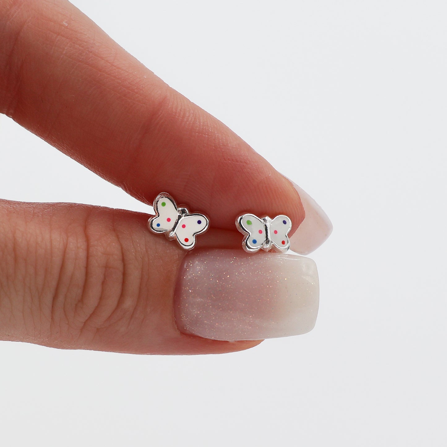 Stud Earrings with White Butterfly and Multicolored Dots