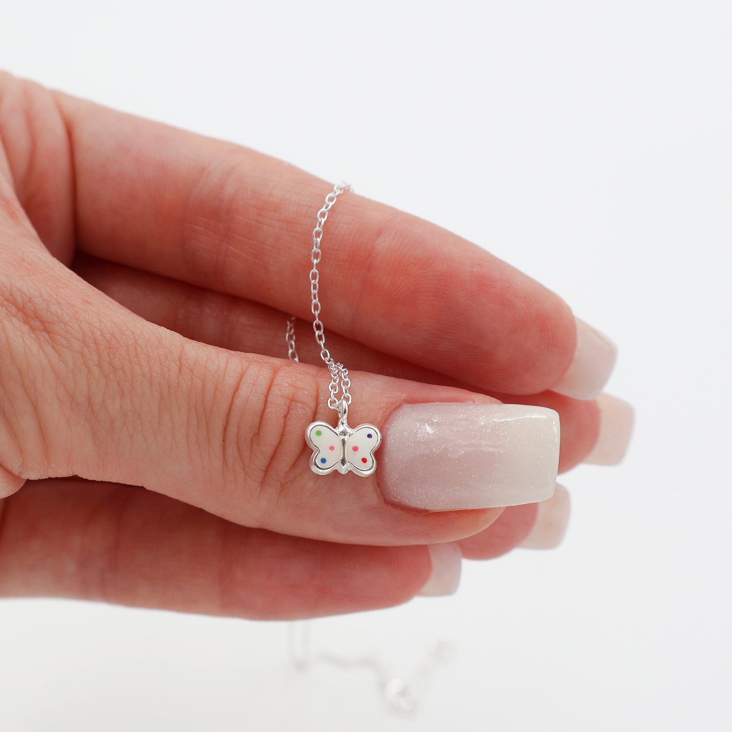 Sterling Silver Jewelry Set - Necklace and Stud Earrings White Butterfly Pendant