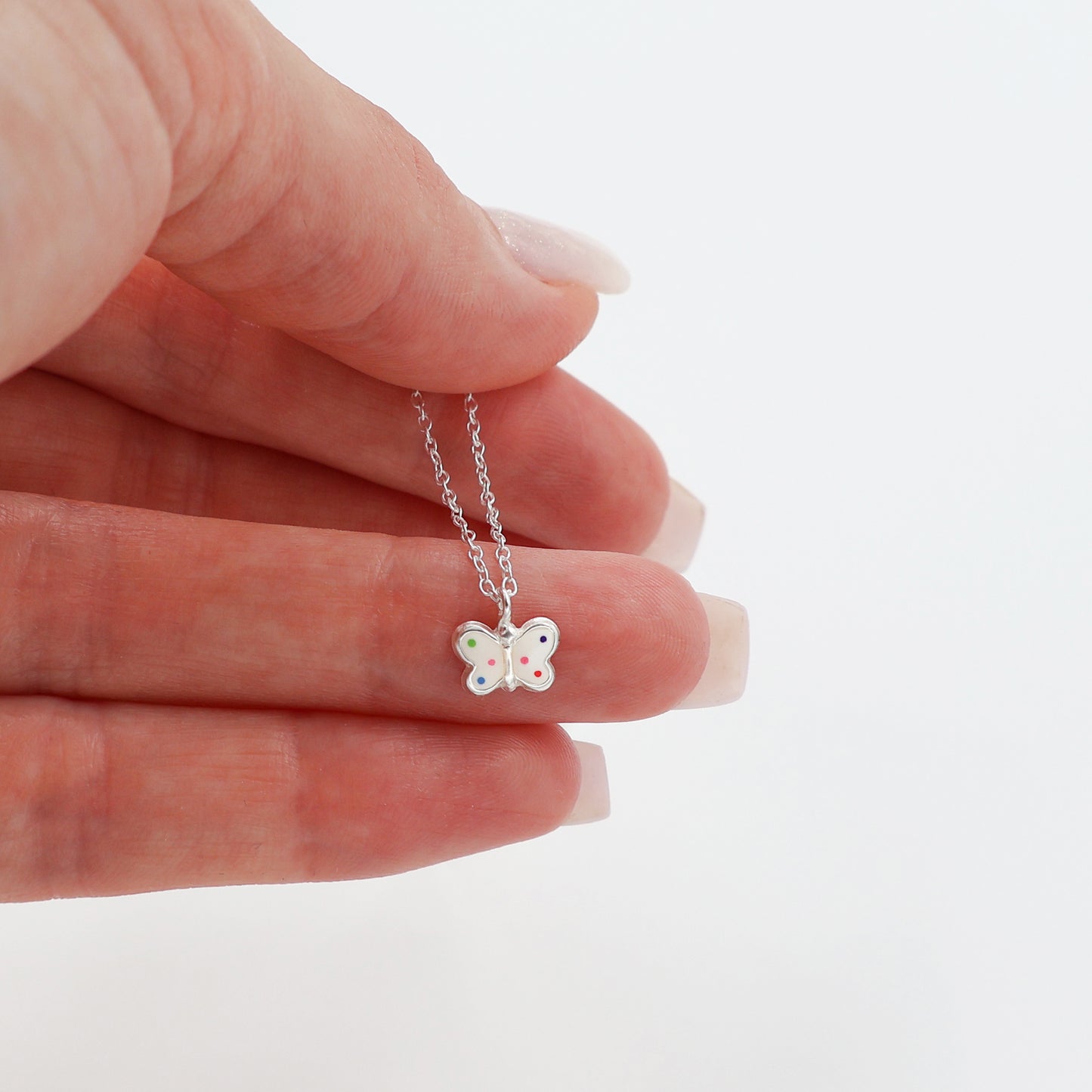 Sterling Silver Jewelry Set - Necklace and Stud Earrings White Butterfly Pendant