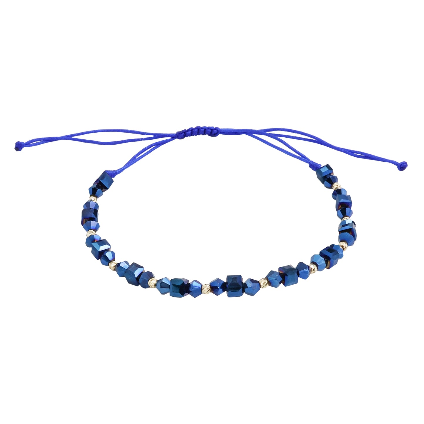 Bracelet with 10 beads of solid 14k gold and blue bicone and cubic crystals