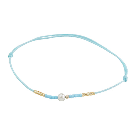 Bracelet with 1 bead of 14K solid gold, Miyuki beads and 1 artificial pearl-light blue