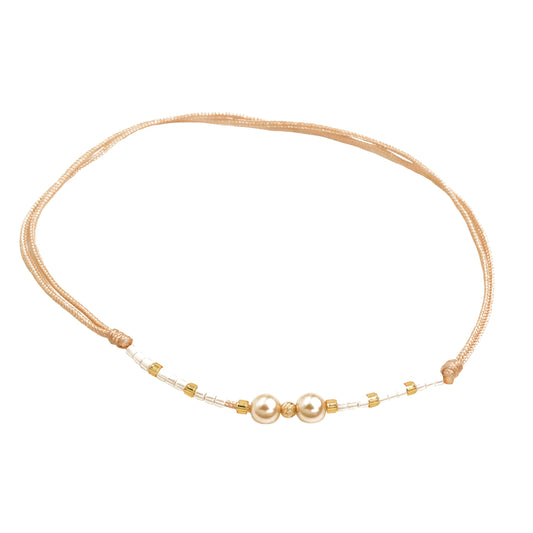 Bracelet with 1 bead of 14K solid gold, Miyuki beads and 2 artificial pearls-nude