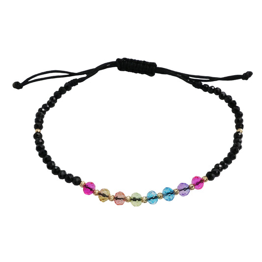 Bracelet with 11 beads of 14K solid gold and combination of black and multicolored crystals