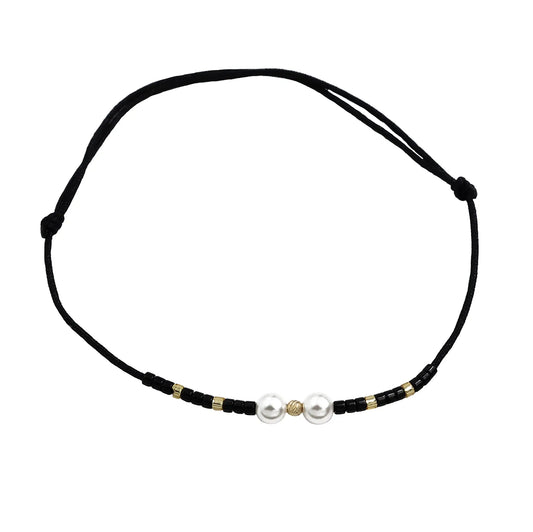 Bracelet with 1 bead of 14K solid gold, Miyuki beads and 2 artificial pearls-black