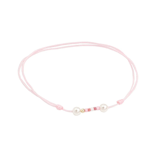 Bracelet with 1 bead of 14K solid gold, Miyuki beads and 2 artificial pearls-pink