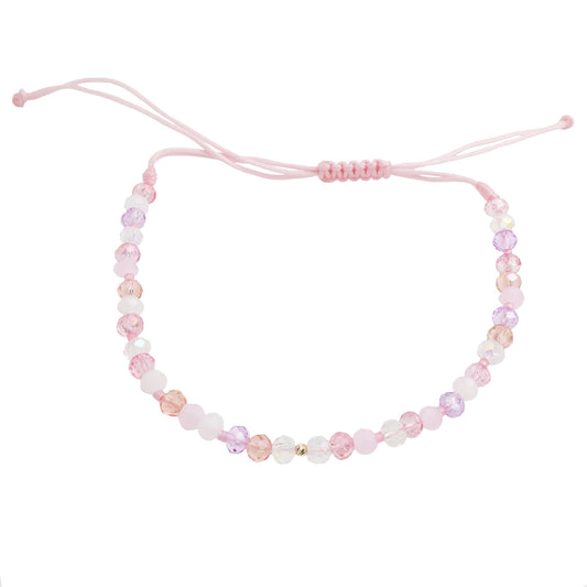 Bracelet with 1 textured bead of 14K solid gold and multicolored pink crystals