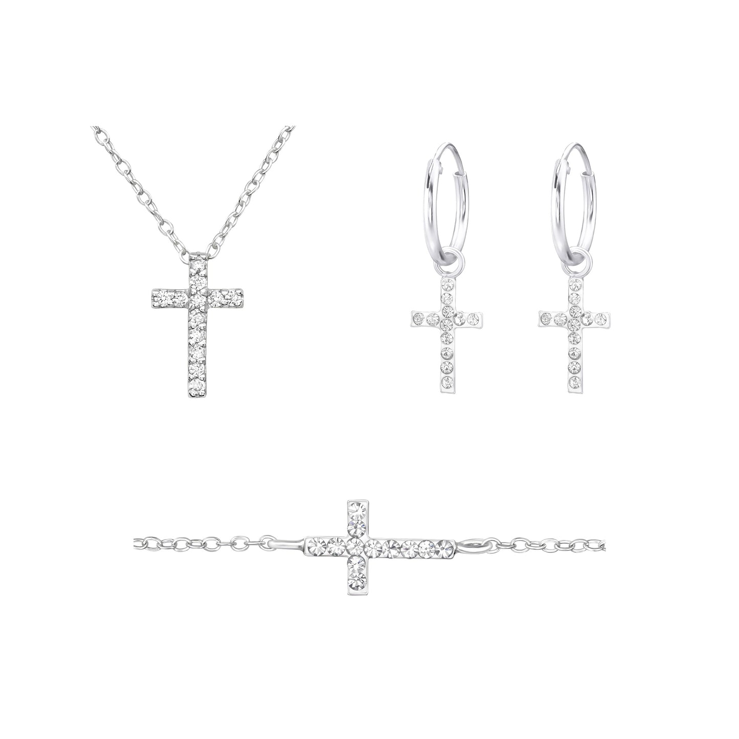 Cross Necklace, Bracelet & Earrings Set with 12 Zirconia Stones