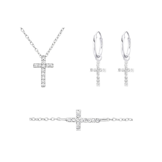 Cross Necklace, Bracelet & Earrings Set with 12 Zirconia Stones