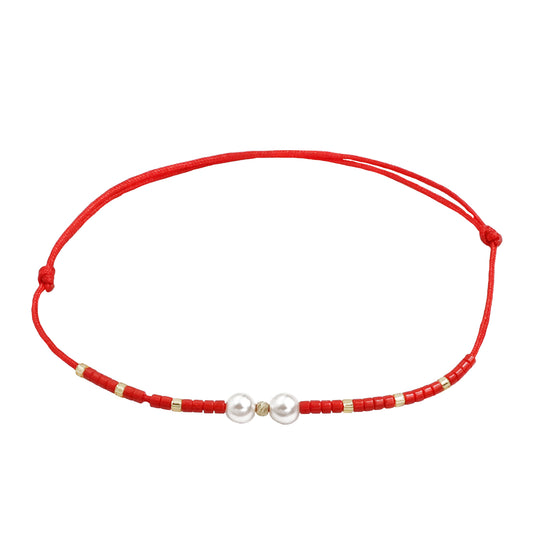 Bracelet with 1 bead of 14K solid gold, Miyuki beads and 2 artificial pearls-red