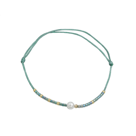 Bracelet with 1 bead of 14K solid gold, Miyuki beads and 1 artificial pearl-turquoise