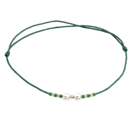 Bracelet with 1 bead of 14K solid gold, Miyuki beads and 2 artificial pearls-green