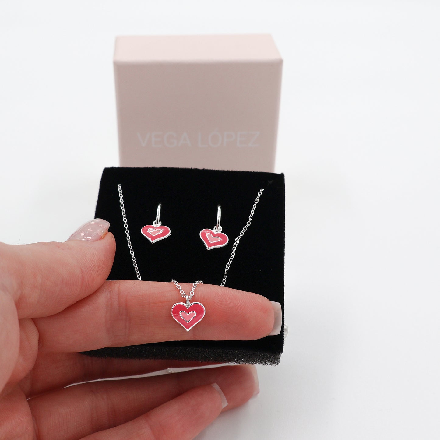 Sterling Silver Necklace and Earrings Set for Kids with Colorful Heart