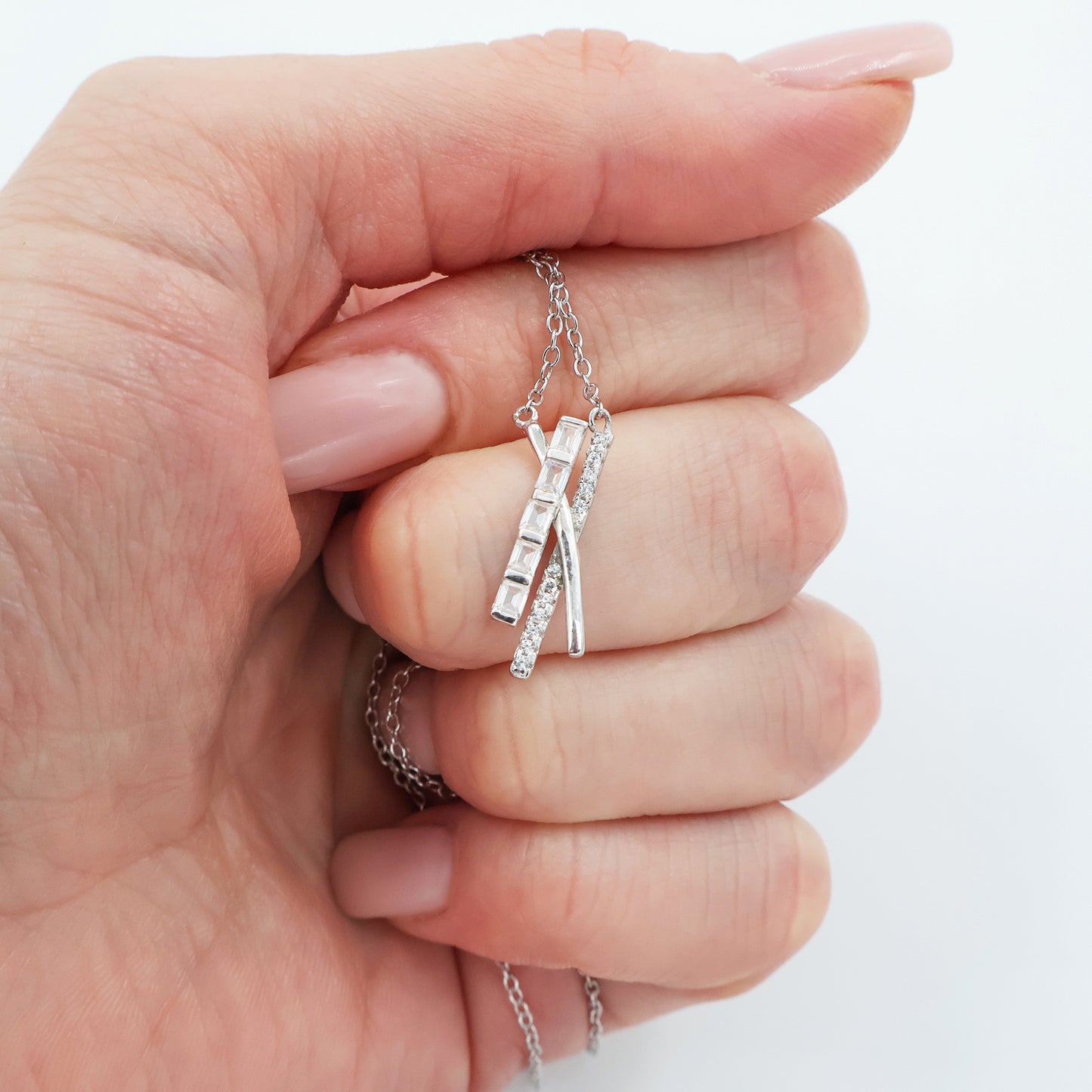 925 Sterling Silver Rhodium Plated Necklace with White Zirconia, Modern Bar Pendant