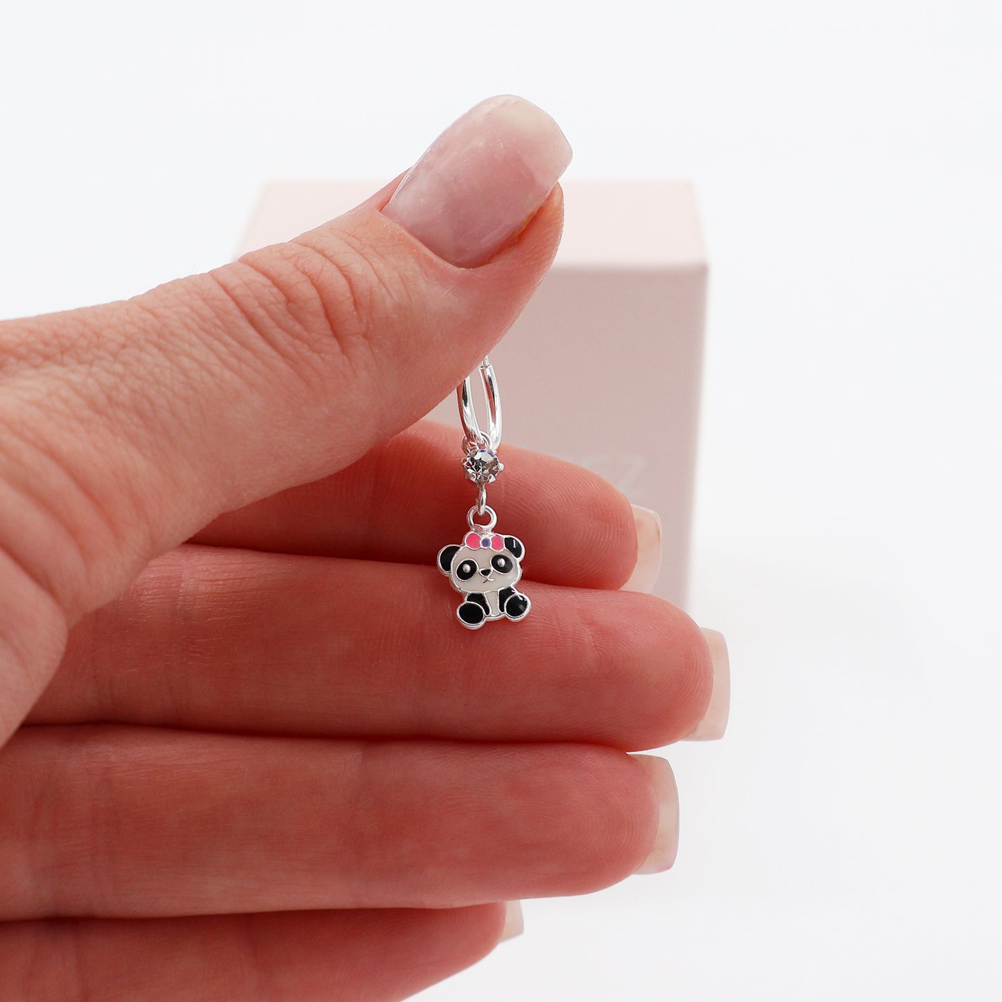 Children’s 925 Sterling Silver Earrings with Panda, Pink Bow, and Crystals