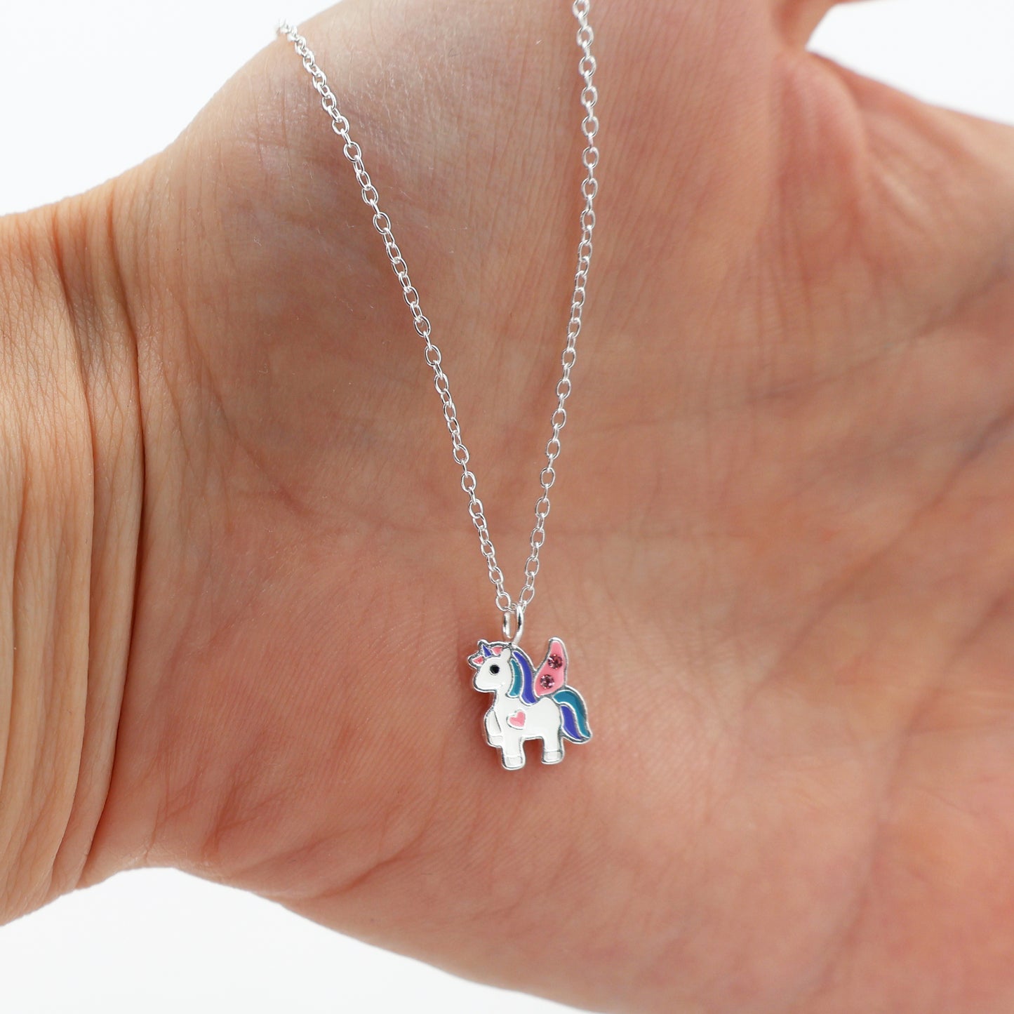 Sterling Silver Unicorn Necklace with Pink Sparkling crystals - for Kids