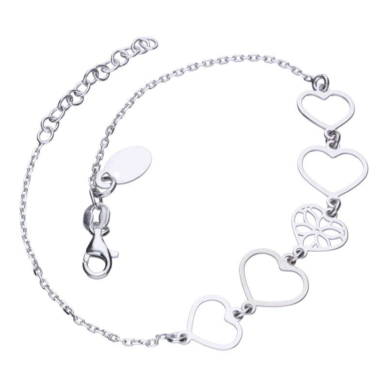 925 Sterling Silver Rhodium-Plated Anchor Bracelet with Five Open Hearts