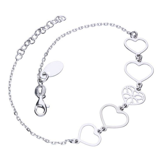 925 Sterling Silver Rhodium-Plated Anchor Bracelet with Five Open Hearts