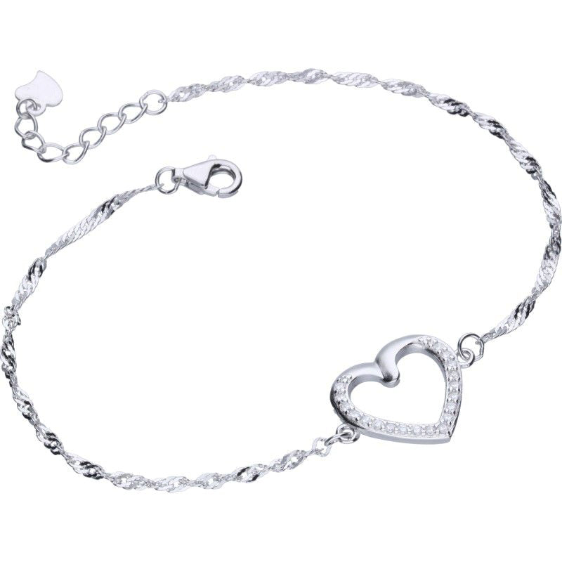 Brățară din argint 925 placată cu rodiu, cu lanț Singapore și inimă cu zirconia albe