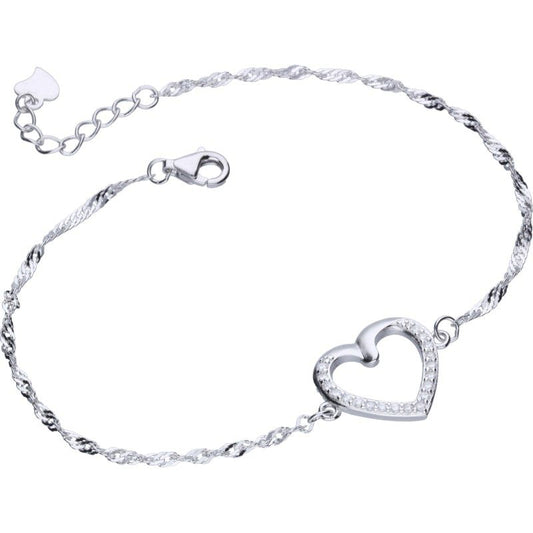 Rhodium-Plated 925 Sterling Silver Singapore Chain Bracelet with Heart and White Rhinestones