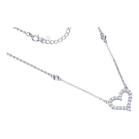 Elegant Rhodium-Plated Silver Necklace with Heart Pendant and Zircons