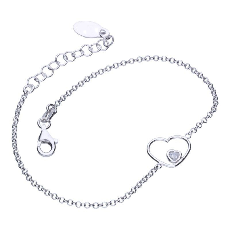 Rhodium-Plated 925 Sterling Silver Rollo Chain Bracelet with Heart and White Zirconia