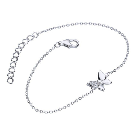 Rhodium-Plated 925 Sterling Silver Bracelet with Butterfly and White Zirconia